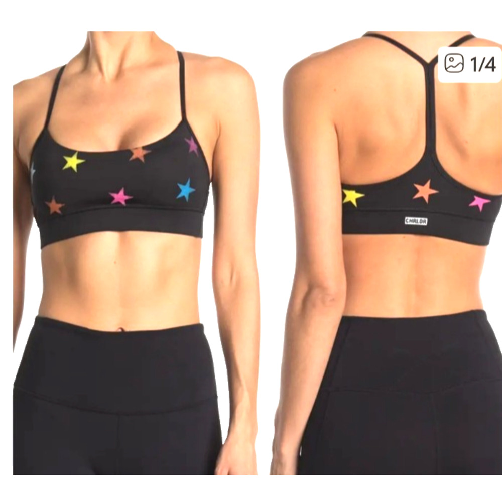 CHRLDR Black Neon Metallic Star Print Sports Bra Dance Yoga Fitness Activewear L